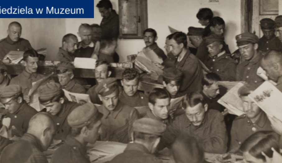Fot. Legioniści w czytelni obozu internowania w Łomży, papier fotograficzny, Polska (okupacja niemiecka – Generalne Gubernatorstwo Warszawskie), 1917–1918